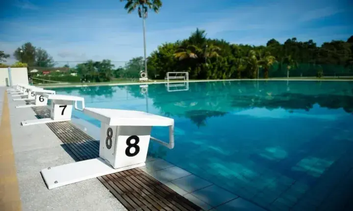 Swimming pool starting blocks numbered 8 to 4 at a resort with palm trees and a soccer goal in the background.