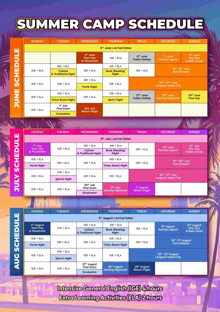 Summer camp schedule showing June, July, and August programs with IGE classes and activities like Sunway Lagoon and Langkawi trips.