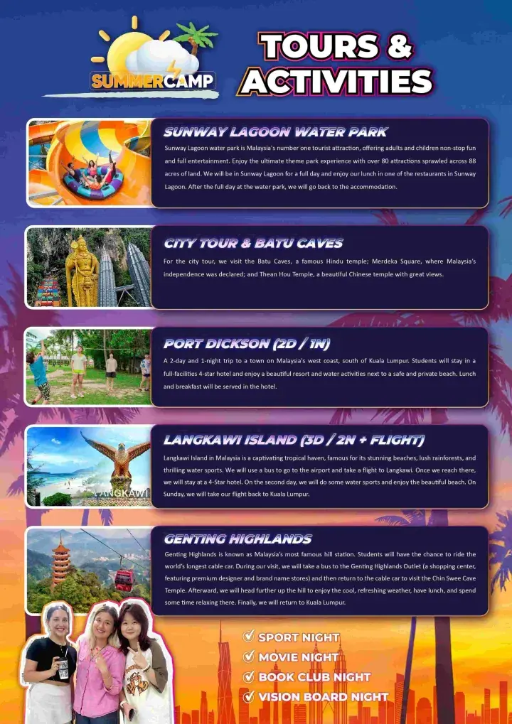 Summer camp brochure showing tours like Sunway Lagoon, Batu Caves, Port Dickson, Langkawi, and Genting Highlands with activities.