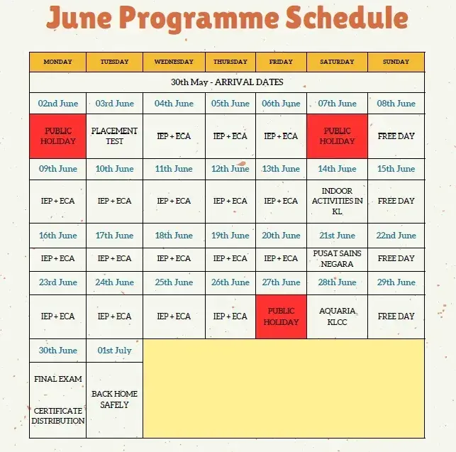June programme schedule for a Malaysia student camp, showing daily activities, public holidays, and excursion locations.