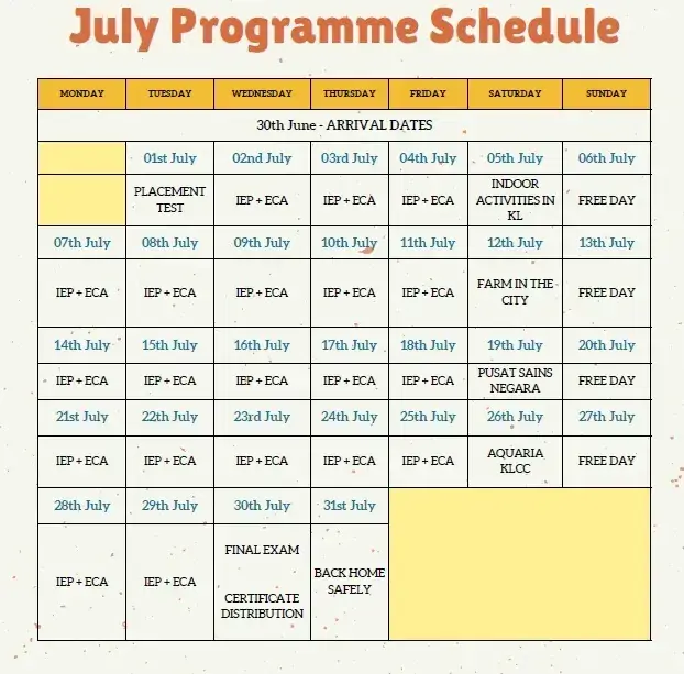July Programme Schedule for a Malaysia camp showing daily IEP and ECA classes, weekend outings like Aquaria KLCC, and final exam dates.