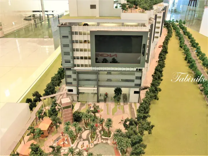 Architectural model of AEON Mall showcasing modern design, green spaces, and pedestrian walkways.