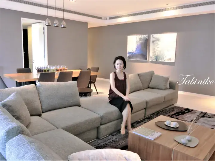 现代灰色组合沙发上坐着的女性，背景是带有抽象画和用餐区的时尚客厅。