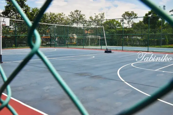 View of an empty outdoor basketball court through a green chain-link fence, featuring blue and red surfaces.