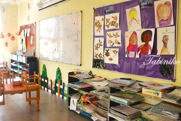 Classroom display board featuring student artwork and pressed flowers, with shelves of sketchbooks and wooden chairs.