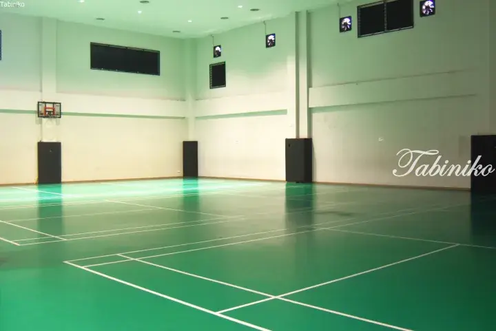 Spacious indoor badminton court with green flooring and white lines, featuring a basketball hoop and wall-mounted fans.