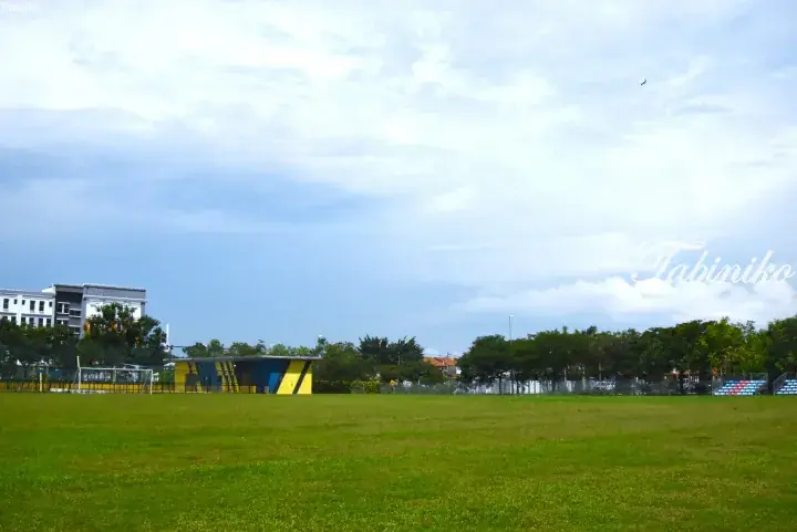 Green football field with yellow and blue changing rooms, surrounded by trees and a building under a cloudy sky.