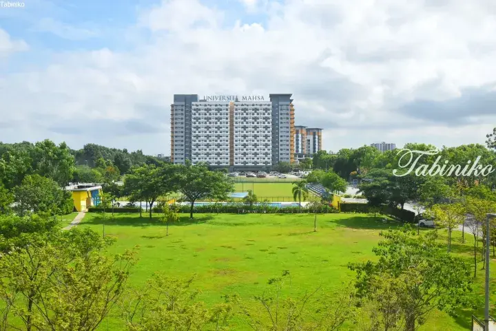 Universiti Mahsa building with green lawn and trees under cloudy sky