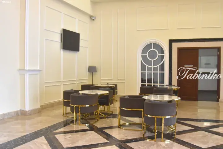 Elegant hotel lobby with marble floors, gold-framed chairs, and a TV mounted on a cream wall.