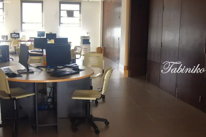 Modern office space with round computer desks, beige chairs, and tall wooden cabinets in a bright room.