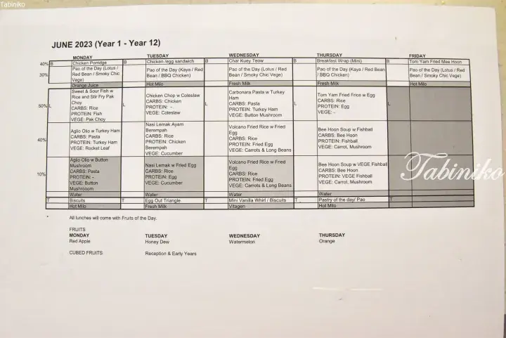 June 2023 school menu for Year 1-12 featuring daily breakfast, lunch, and fruit options.