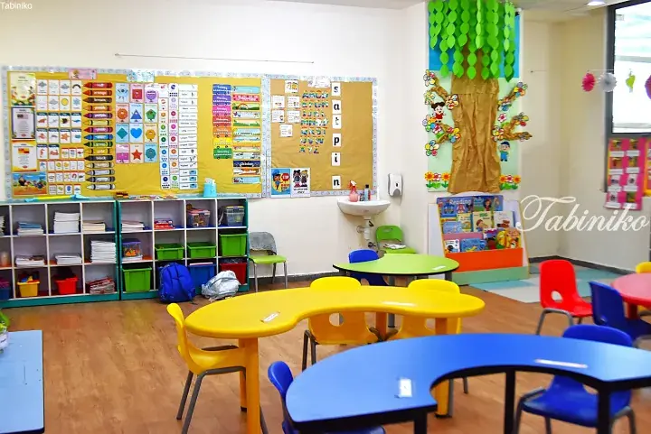 Colorful classroom with yellow and blue tables, educational wall displays, and a paper tree decoration.