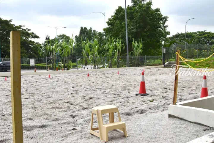 Sandy playground area with orange cones, a plastic stool, and tall green plants in the background.