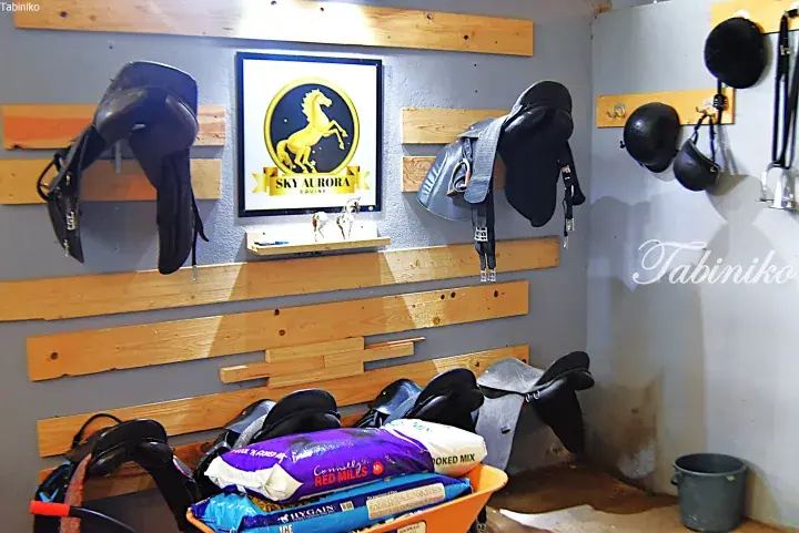 Saddles and helmets hanging on a wooden wall rack at Sky Aurora Equine, with feed bags in a wheelbarrow below.