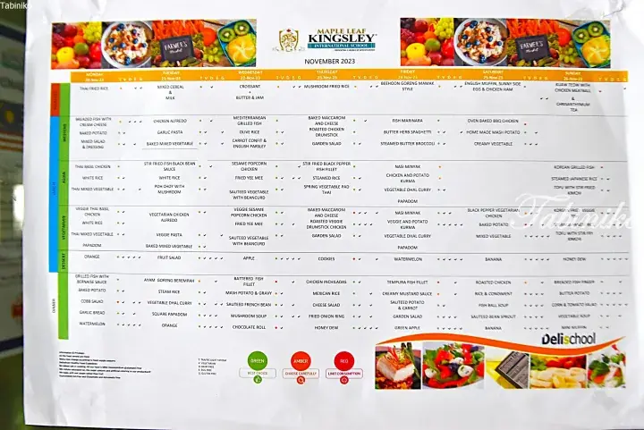Maple Leaf Kingsley International School November 2023 menu featuring breakfast, lunch, dinner, and vegetarian options with traffic light nutritional guides.