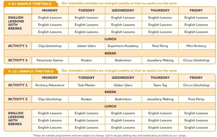 Weekly timetable for a Malaysia children’s camp showing English lessons and activities like clay workshops and water wars.