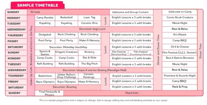 Sample timetable for a Malaysia summer camp showing daily activities, excursions, and English lessons.