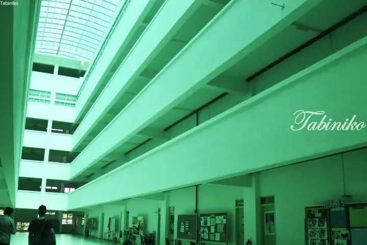 Modern school atrium with open-air corridors, glass roof, and bulletin boards displaying student work.