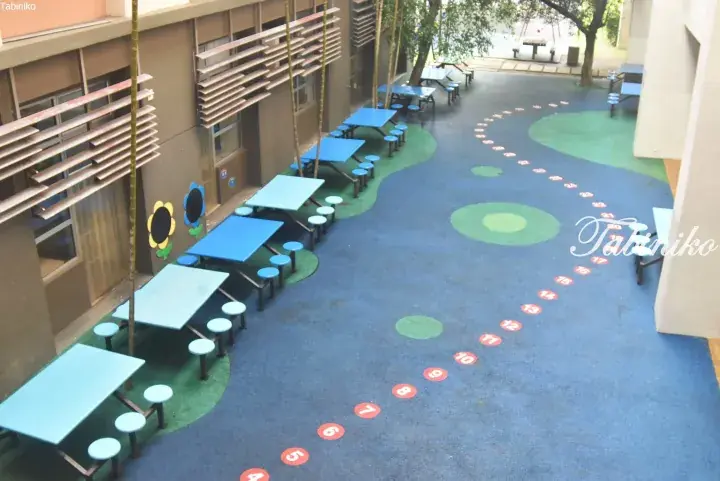 Outdoor playground with blue tables and stools, green flooring, and numbered hopscotch markings for children.