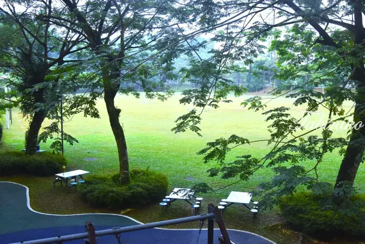 Lush green park with picnic tables and a sports field, framed by trees in a Malaysian residential area.