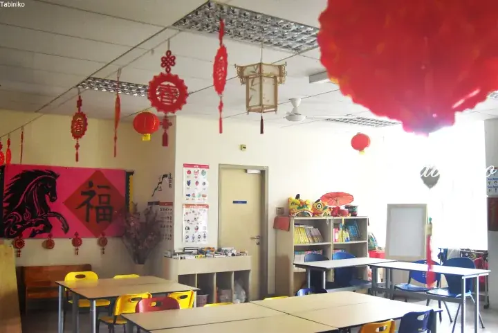 Classroom decorated with red lanterns and a horse banner for Chinese New Year celebrations.