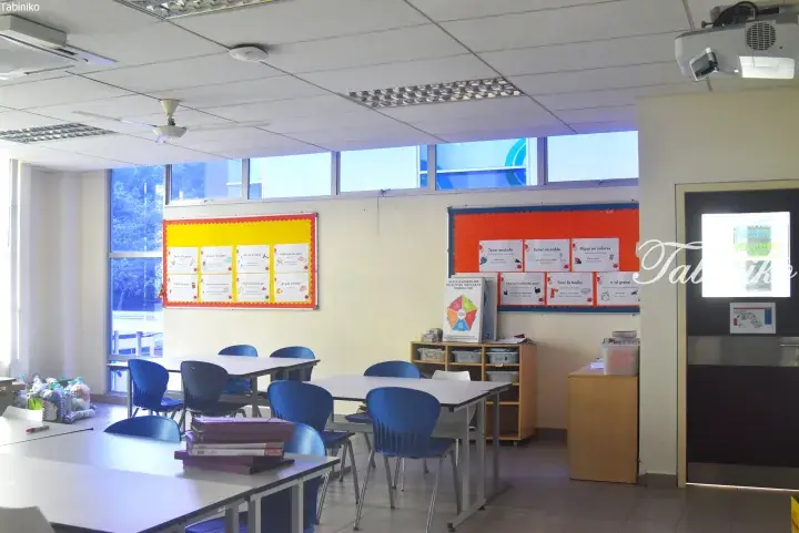 Bright classroom with blue chairs, white tables, and Spanish language bulletin boards in a modern school setting.