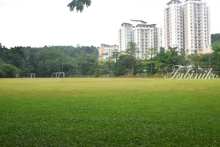 Green football pitch with multiple goalposts, surrounded by trees and high-rise residential buildings in the background.