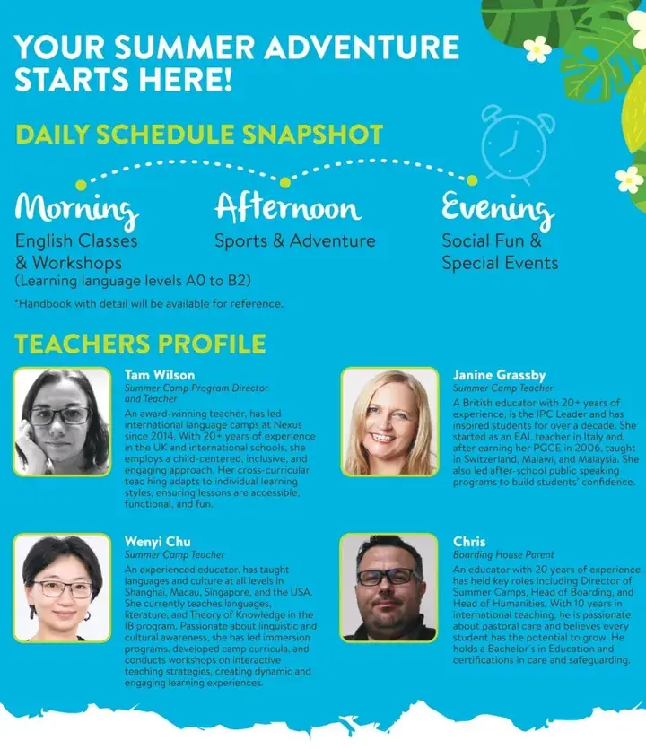 Blue infographic showing a summer camp schedule and teacher profiles including Tam Wilson, Janine Grassby, Wenyi Chu, and Chris.