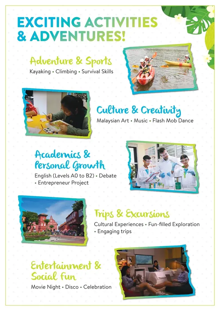 Poster showcasing exciting activities and adventures including kayaking, Malaysian art, science experiments, cultural trips, and social fun.