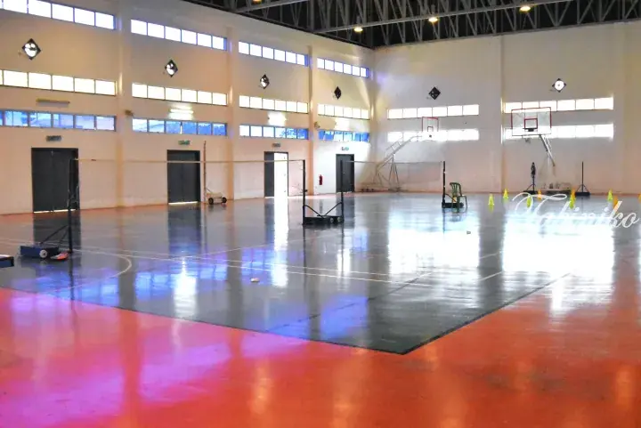 Spacious indoor sports hall with polished court, basketball hoops, and volleyball nets in a modern facility.