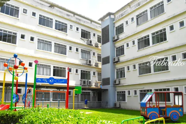 Colorful playground equipment on a green lawn in front of a white multi-story school building.