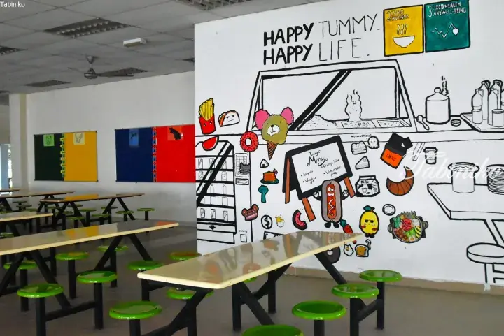 Canteen with green stools and a wall mural reading ‘Happy Tummy Happy Life’ alongside food illustrations and SDG icons.