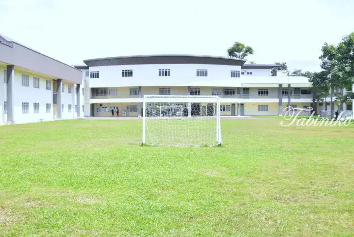 White school building with a soccer goal on a green field
