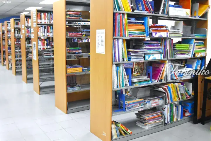 Rows of wooden bookshelves filled with colorful educational books and teaching resources in a bright library.