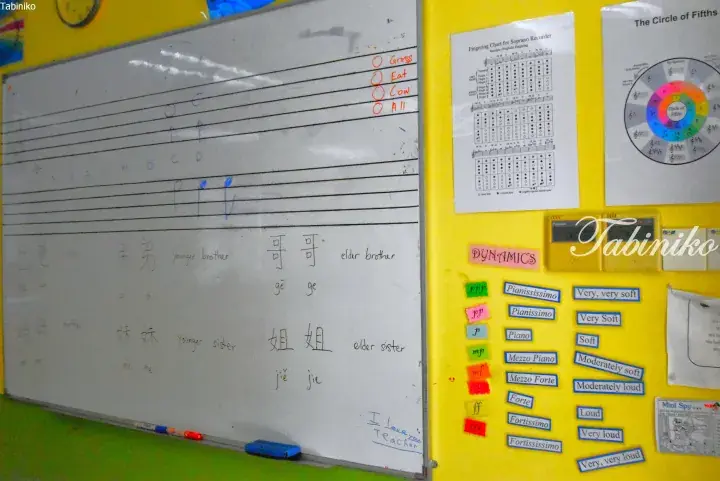 Music classroom whiteboard with Chinese family terms and musical notes, alongside wall charts for recorder fingering and dynamics.