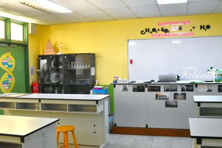 Science classroom with yellow walls, whiteboards, and photosynthesis equation displayed above the teacher’s desk.