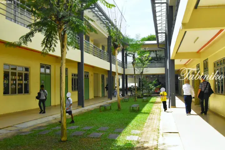 Students walking through the courtyard of a modern yellow school building with green doors and trees.