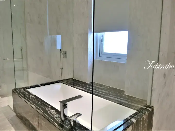 Luxury bathroom featuring a white bathtub with a dark marble surround and a glass shower screen in a modern hotel suite.