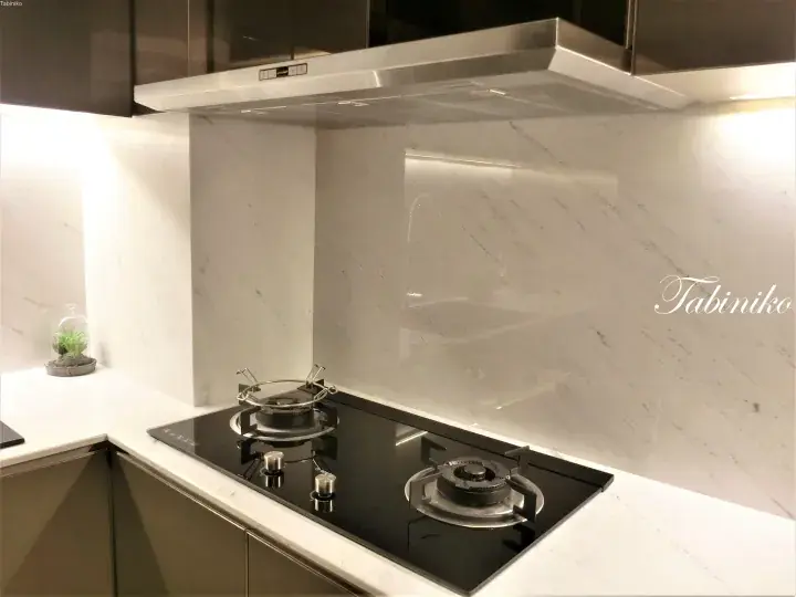 Modern kitchen with marble backsplash, stainless steel range hood, and black gas cooktop