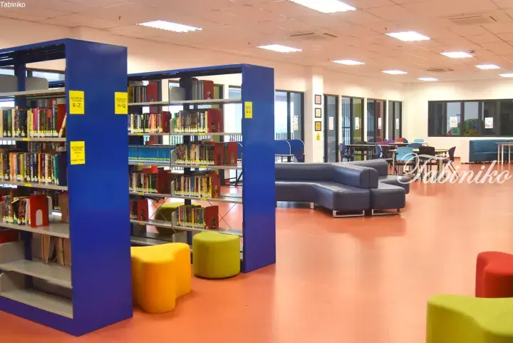 Modern library interior with blue bookshelves, colorful seating, and study areas in a bright space.