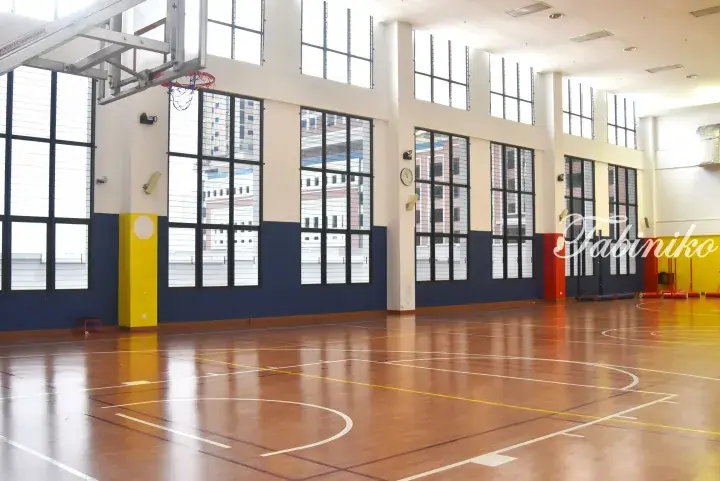 Spacious indoor basketball court with polished wooden flooring, high windows, and yellow and blue wall accents.