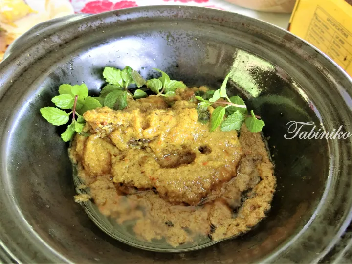 Traditional Malaysian curry in a clay pot garnished with fresh mint leaves, served in a rustic setting.