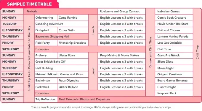 Sample camp timetable showing daily activities like archery, English lessons, and excursions for a two-week program.