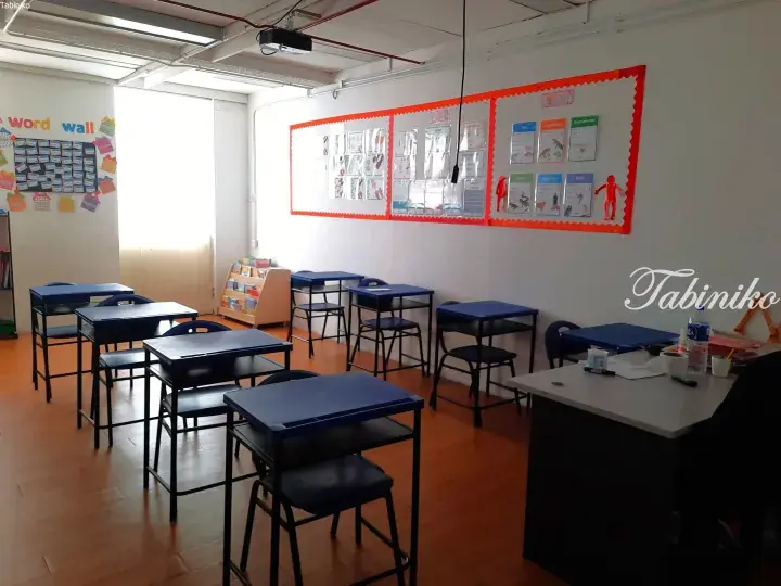 Bright classroom with blue student desks, chairs, and educational posters on the walls.