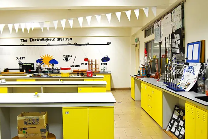 Physics laboratory with yellow cabinets and wall chart showing the electromagnetic spectrum including X-ray, visible light, and radio waves.