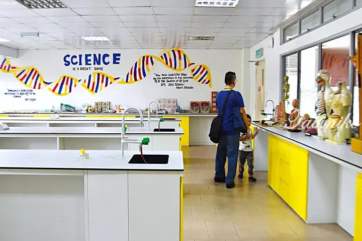 A father and child explore a bright science lab with DNA wall art, sinks, and anatomical models.
