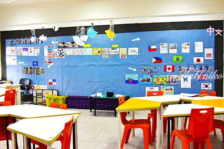 Colorful classroom with student artwork and flags of Malaysia, Japan, and other countries on a blue bulletin board.
