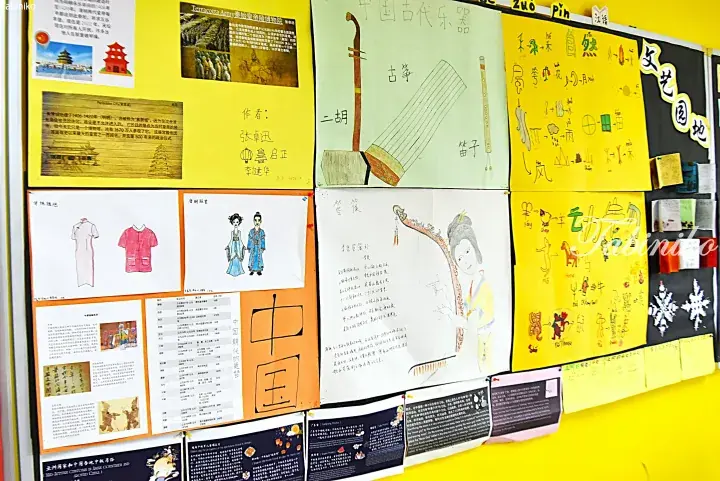 Colorful bulletin board displaying student artwork on Chinese culture, featuring traditional instruments, clothing, and zodiac signs.