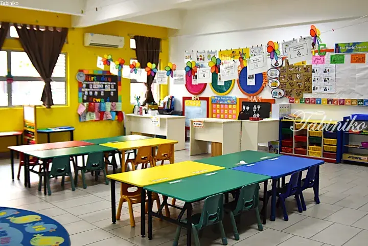 Colorful preschool classroom with child-sized tables, chairs, and educational wall displays in Malaysia.