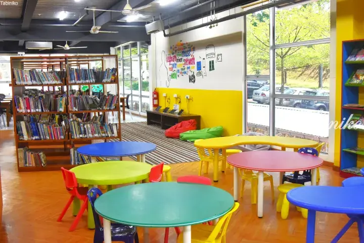 Colorful children’s reading area with round tables, chairs, and bookshelves in a bright library space.
